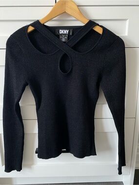 DKNY Black Ribbed Crossover Keyhole Knit Top
